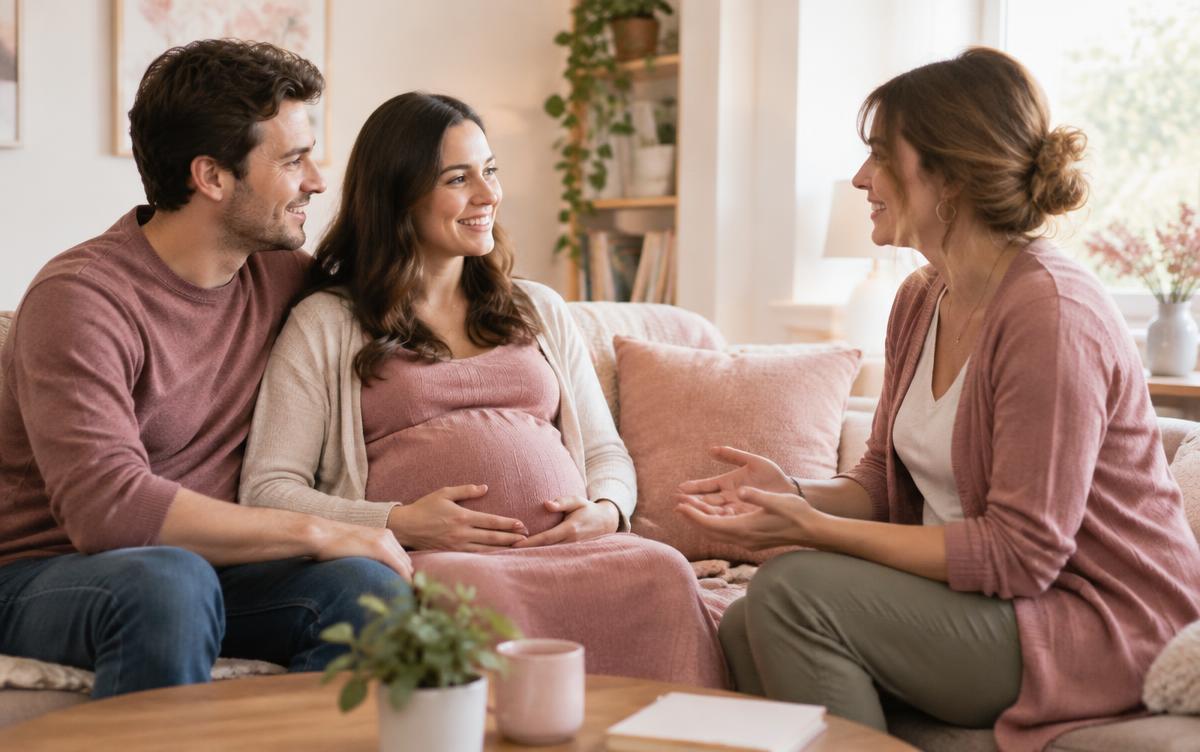 Casal grávido conversando com uma doula na sala de casa durante a primeira entrevista