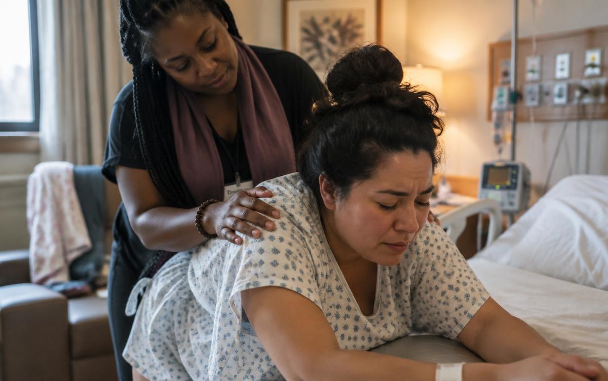 Doula apoiando os ombros de uma mulher em trabalho de parto apoiada na cama de um quarto de maternidade