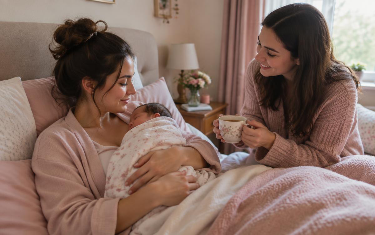 Mãe recostada na cama com o recém-nascido no colo recebendo uma xícara de chá de uma doula pós-parto