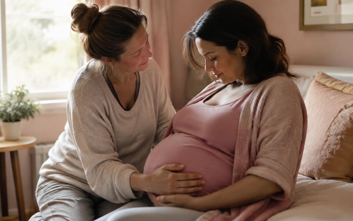 Doula apoiando com as mãos a barriga de uma gestante sentada na cama durante um encontro de acompanhamento em casa